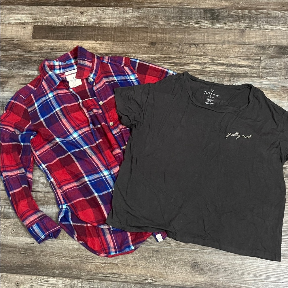 American Eagle Boyfriend Flannel Shirt and  cropped tee Size Medium